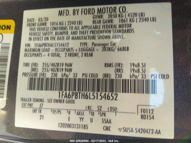 2020 FORD MUSTANG ECOBOOST VIN: 1FA6P8TH6L5154652
