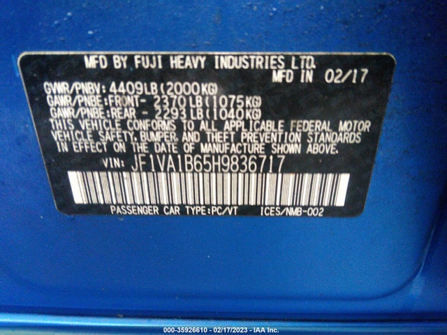 2017 SUBARU WRX VIN: JF1VA1B65H9836717