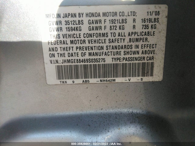 2009 HONDA FIT SPORT VIN: JHMGE88469S035275