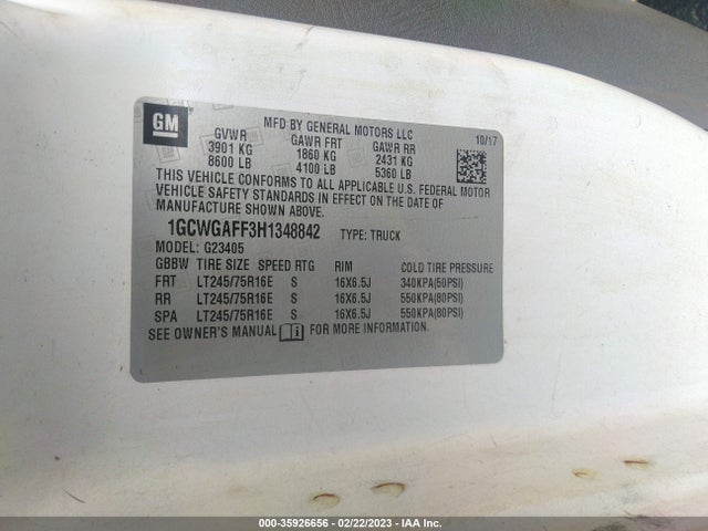 2017 Chevrolet Express, VIN: 1GCWGAFF3H1348842