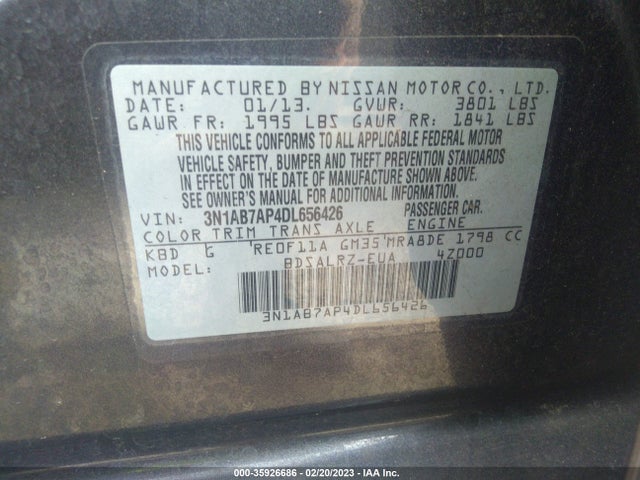 2013 NISSAN SENTRA SR VIN: 3N1AB7AP4DL656426