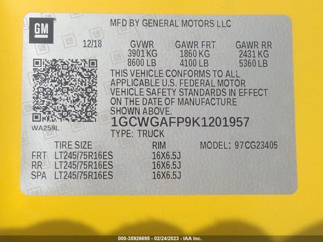 2019 Chevrolet Express, VIN: 1GCWGAFP9K1201957