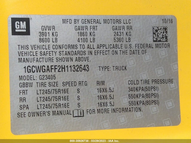 2017 CHEVROLET EXPRESS CARGO VAN VIN: 1GCWGAFF2H1132643