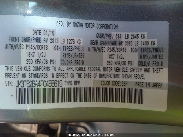 2015 Mazda CX-9, VIN: JM3TB2BA4F0455619