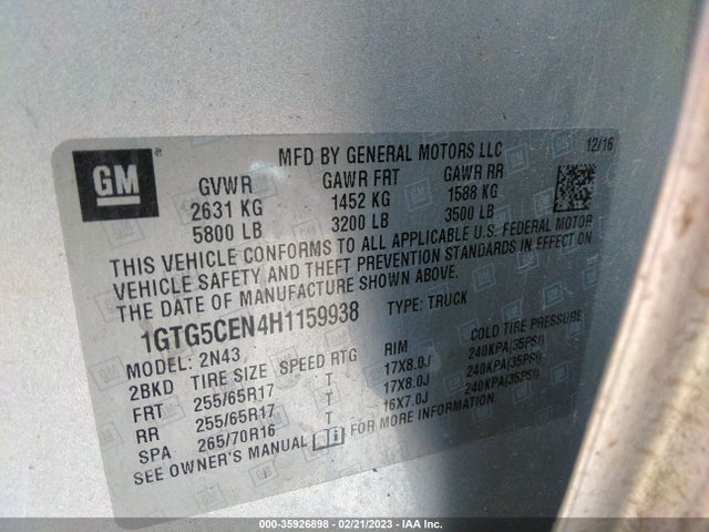 2017 GMC CANYON 2WD SLE VIN: 1GTG5CEN4H1159938