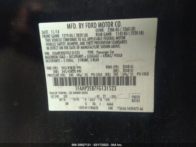 2015 Ford Taurus, VIN: 1FAHP2E87FG131523
