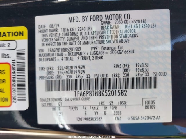 Ford Mustang Ecoboost 2019 1FA6P8TH8K5201582 Image 9