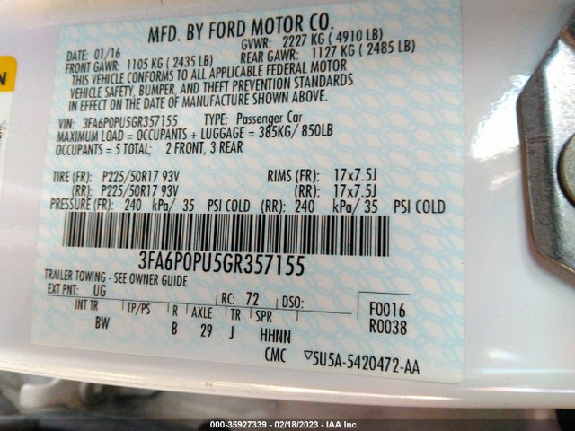 2016 FORD FUSION ENERGI SE LUXURY VIN: 3FA6P0PU5GR357155