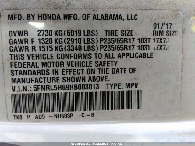 2017 Honda Odyssey, VIN: 5FNRL5H69HB003013