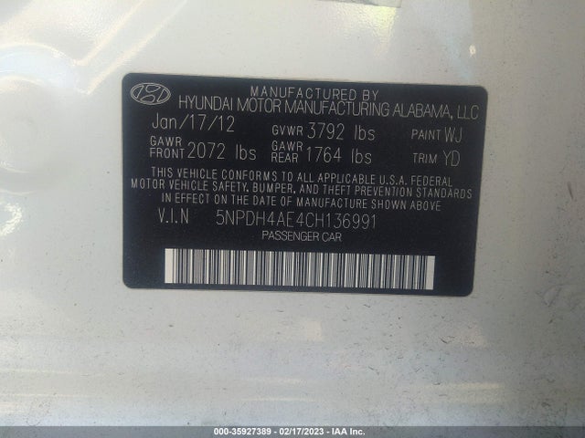 2012 HYUNDAI ELANTRA GLS VIN: 5NPDH4AE4CH136991