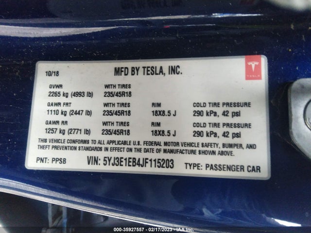 Tesla Model 3 Long Range 2018 5YJ3E1EB4JF115203 Image 10
