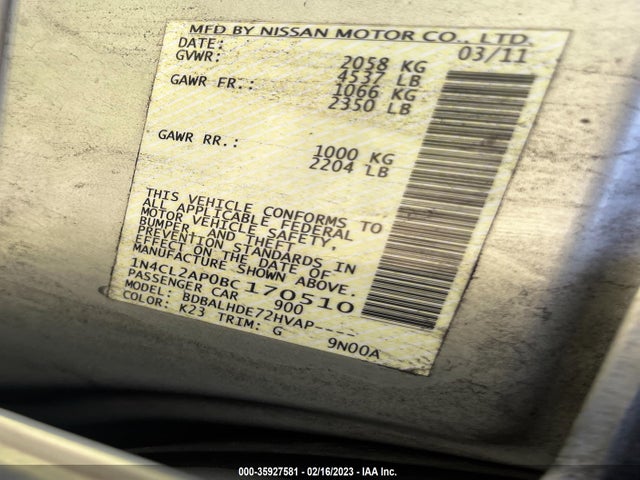 2011 NISSAN ALTIMA VIN: 1N4CL2AP0BC170510