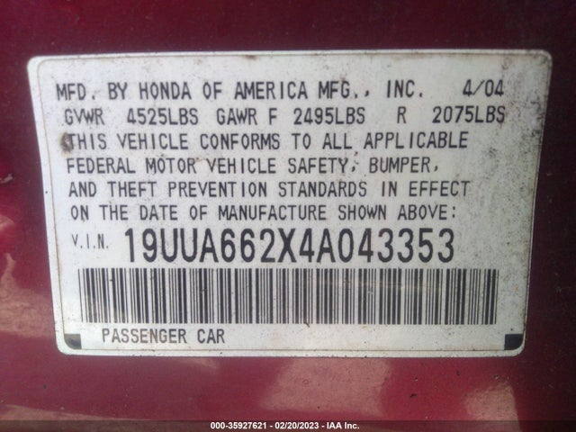 Acura TL 2004 19UUA662X4A043353 Image 10
