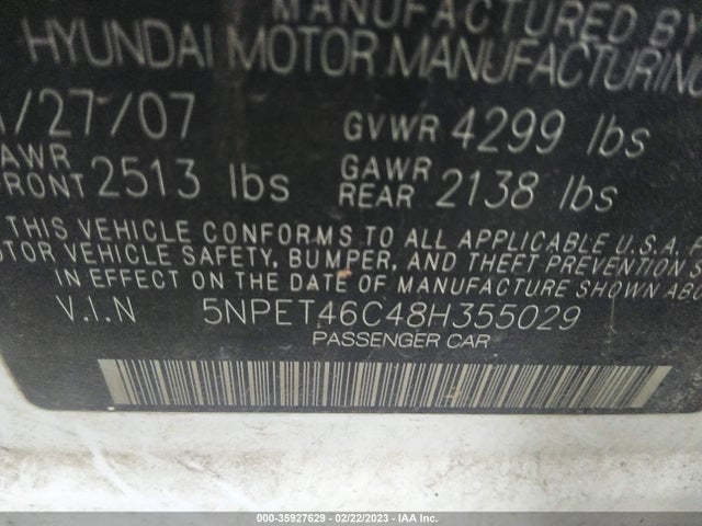 2008 HYUNDAI SONATA GLS VIN: 5NPET46C48H355029