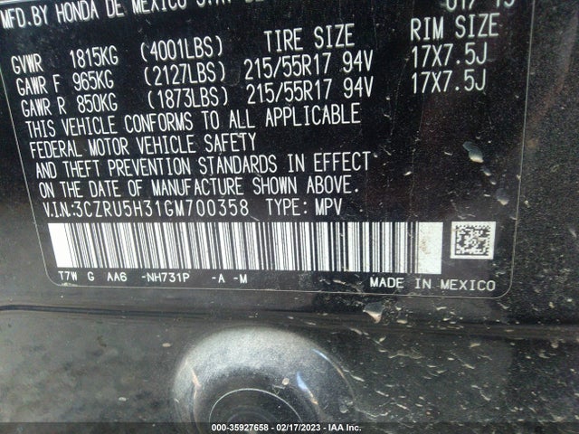 Honda HR-V LX 2016 3CZRU5H31GM700358 Image 10