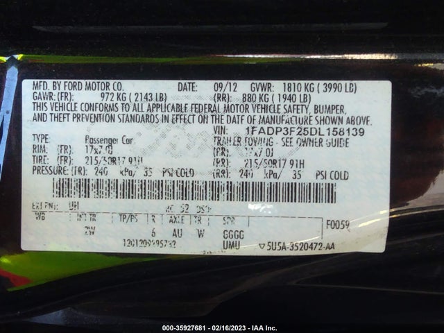 2013 FORD FOCUS SE VIN: 1FADP3F25DL158139