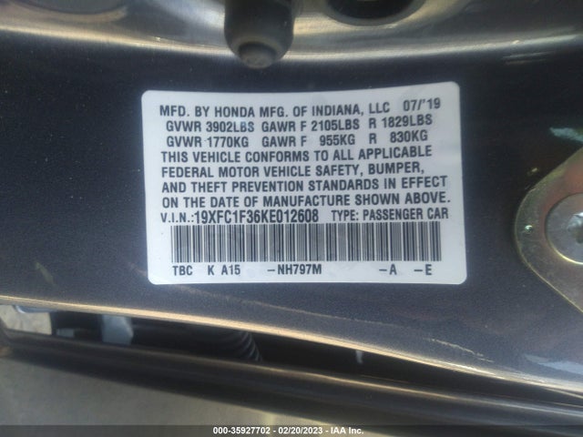 Honda Civic Sedan Ex 2019 19XFC1F36KE012608 Image 9