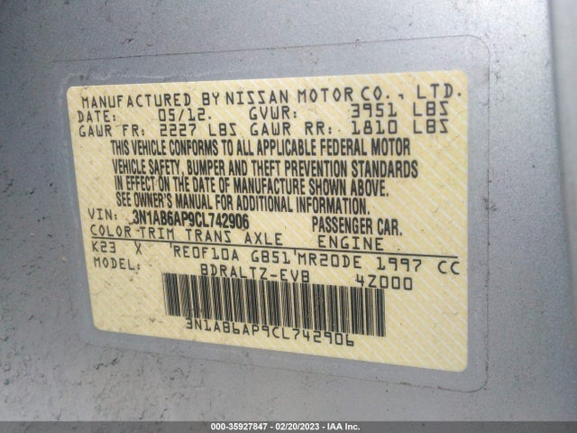 2012 NISSAN SENTRA 2.0 S VIN: 3N1AB6AP9CL742906