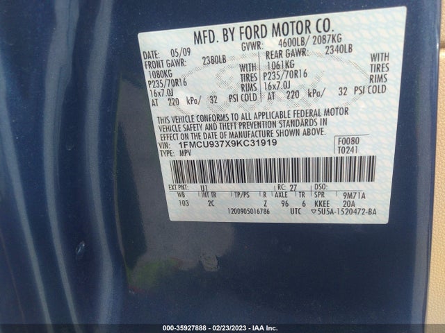 2009 FORD ESCAPE XLT VIN: 1FMCU937X9KC31919