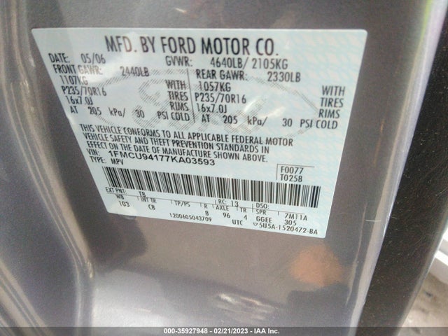 2007 FORD ESCAPE LIMITED VIN: 1FMCU94177KA03593