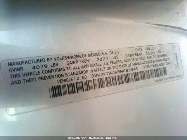 3VW2K7AJ9BM083945 Volkswagen Jetta Sedan S