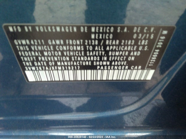 3VW2K7AJXFM319217 Volkswagen Jetta Sedan 2.0l S