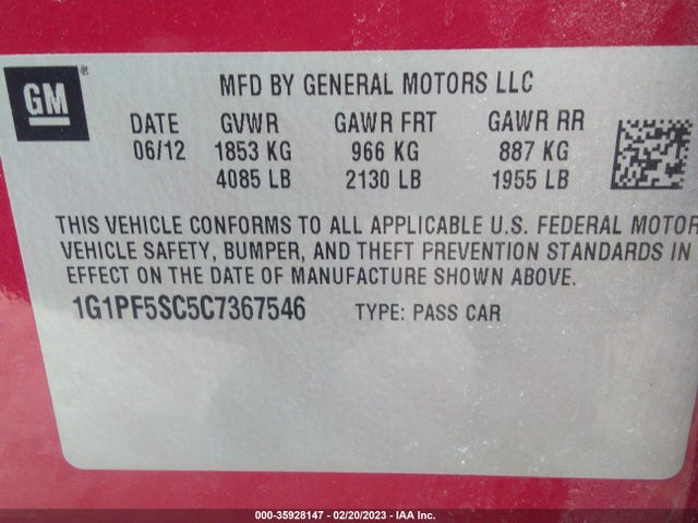 2012 CHEVROLET CRUZE LT W/1LT VIN: 1G1PF5SC5C7367546