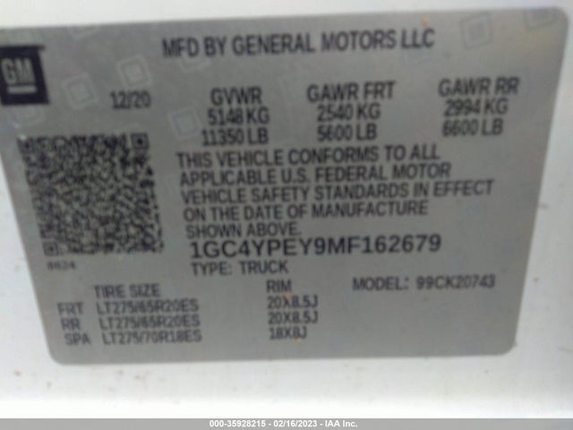 Auction sale of the 2021 Chevrolet Silverado 2500hd Ltz, vin: 1GC4YPEY9MF162679, lot number: 35928215