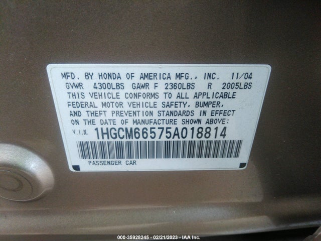 2005 HONDA ACCORD SDN EX-L V6 VIN: 1HGCM66575A018814