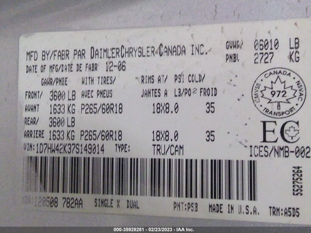 Dodge DAKOTA SLT 2007 1D7HW42K37S149014 Image 10