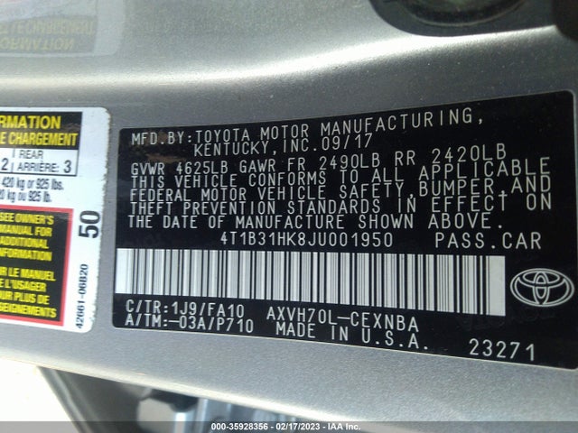 2018 Toyota Camry, VIN: 4T1B31HK8JU001950