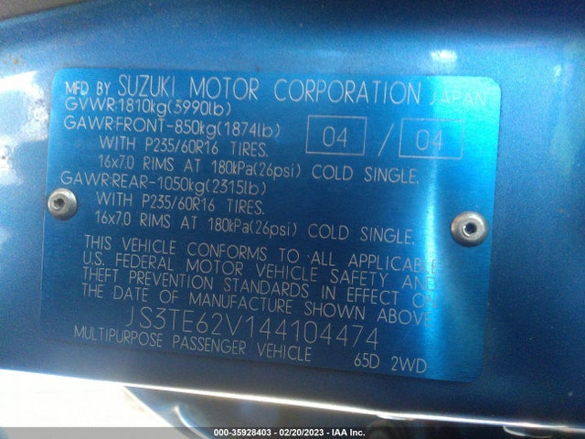 JS3TE62V144104474 Suzuki Grand Vitara Lx/ex