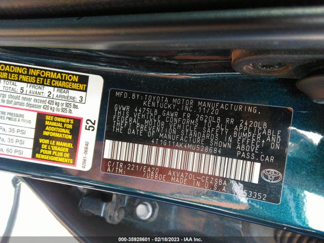 2021 Toyota Camry, VIN: 4T1G11AK4MU528684