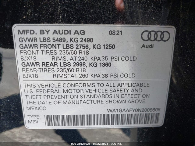 WA1GAAFY0N2008605 Audi Q5 S Line Premium