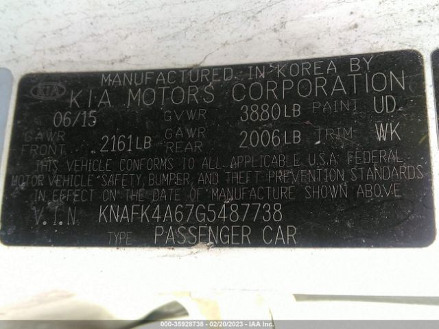 KNAFK4A67G5487738 KIA FORTE LX