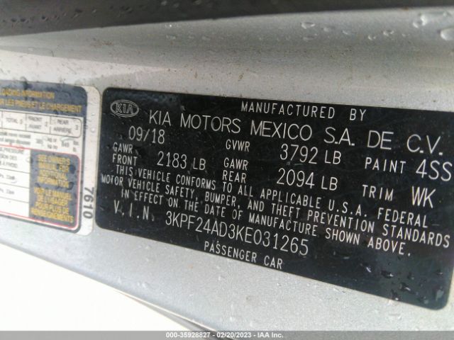 3KPF24AD3KE031265 KIA Forte Lxs