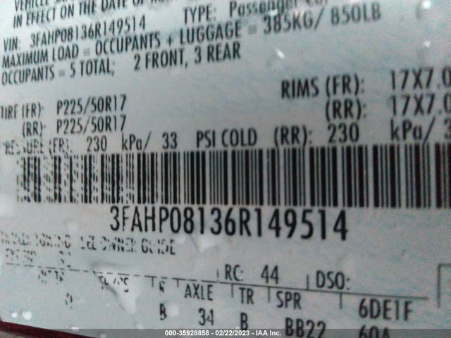 2006 FORD FUSION SEL VIN: 3FAHP08136R149514