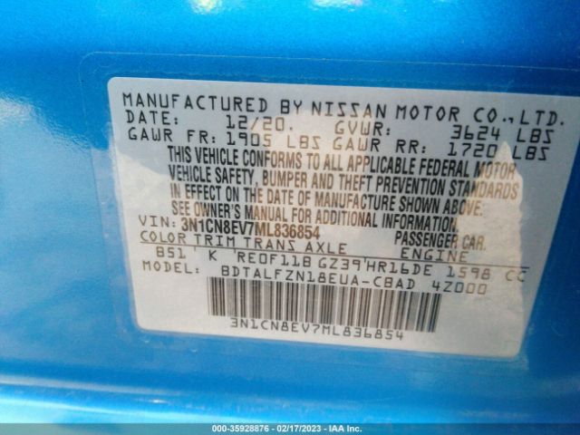 3N1CN8EV7ML836854 Nissan VERSA SV