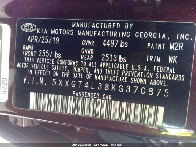 5XXGT4L38KG370875 KIA Optima Lx