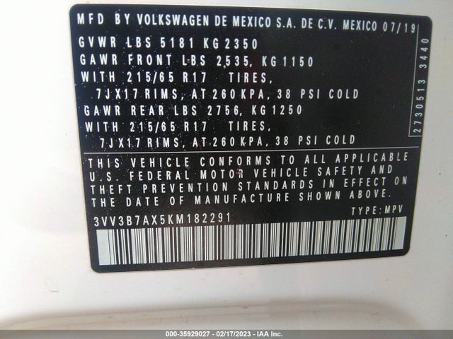 2019 Volkswagen Tiguan, VIN: 3VV3B7AX5KM182291