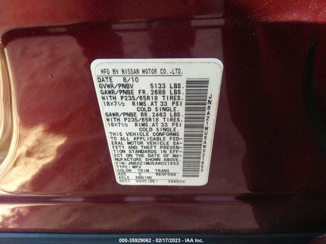 2010 NISSAN MURANO SL VIN: JN8AZ1MU5AW021653