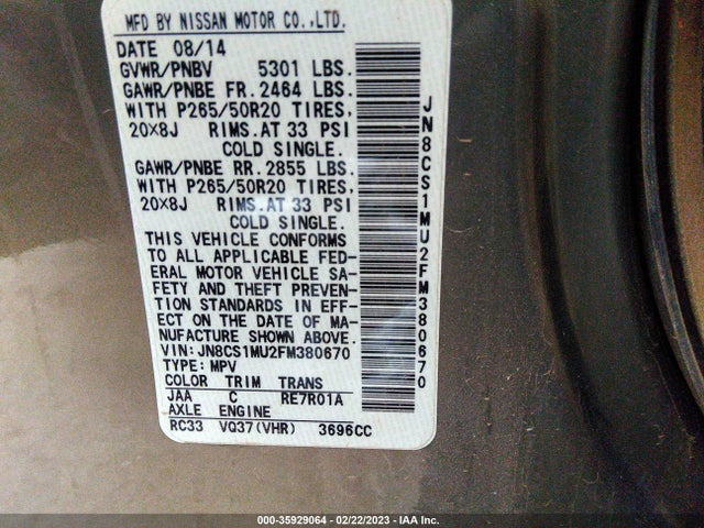 2015 INFINITI QX70 VIN: JN8CS1MU2FM380670