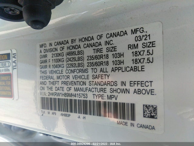 Honda Cr-v Ex-l 2021 2HKRW1H89MH415753 Image 9
