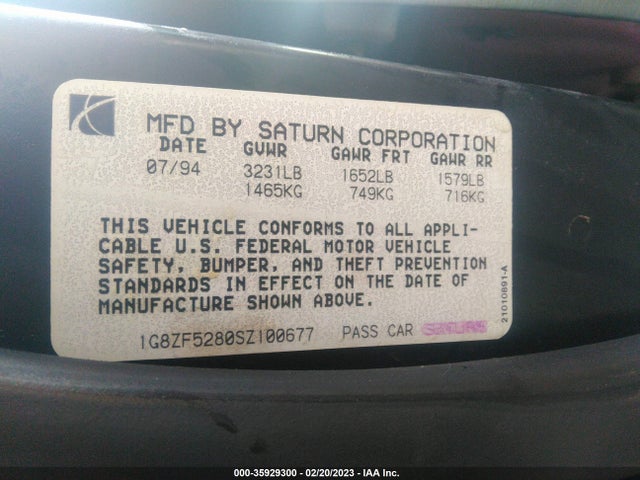 1995 SATURN SL VIN: 1G8ZF5280SZ100677