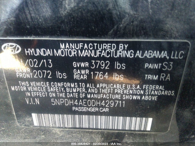 2013 HYUNDAI ELANTRA GLS VIN: 5NPDH4AE0DH429711