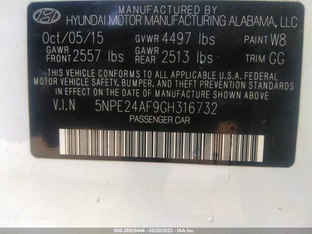 2016 HYUNDAI SONATA 2.4L SE VIN: 5NPE24AF9GH316732