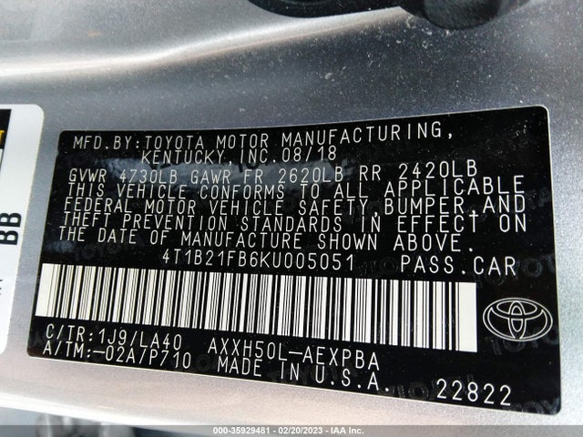 2019 Toyota Avalon, VIN: 4T1B21FB6KU005051