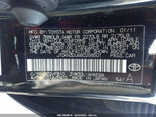 2011 TOYOTA PRIUS I/II/III/IV/V VIN: JTDKN3DU6B0268501