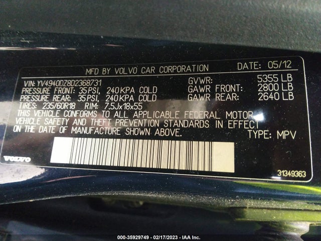 2013 VOLVO XC60 3.2L VIN: YV4940DZ8D2368731