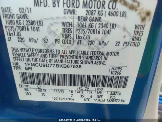 2011 FORD ESCAPE XLT VIN: 1FMCU9D77BKB67536